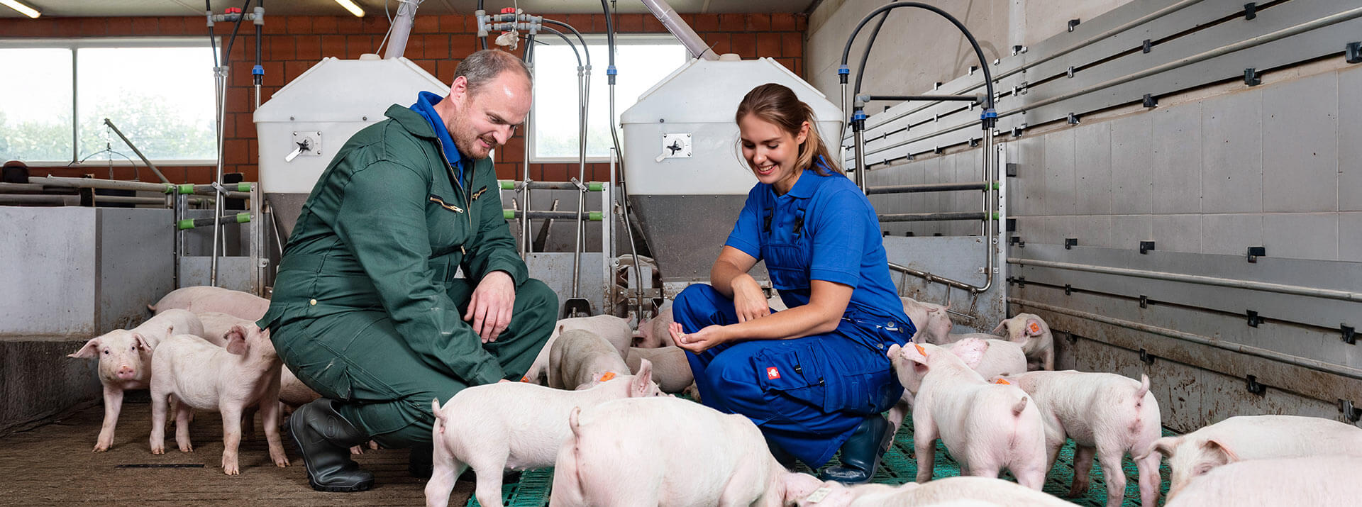 Futtermittelberaterin mit blauer Latzhose und blauem T-Shirt und Landwirt mit grünem Overall hocken sich gegenüber in einer Bucht im Ferkelstall und schauen sich die Ferkel an. Im Hintergrund sind zwei Futterautomaten zu sehen.